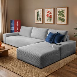 Sofá Modular Evo de 3 Lugares com Chaise Direita Velourê Cinza Claro