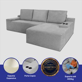 Sofá Modular Evo de 3 Lugares com Chaise Direita Velourê Cinza Claro