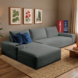 Sofá Modular Evo de 3 Lugares com Chaise Esquerda Velourê Cinza Escuro