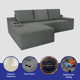 Sofá Modular Evo de 3 Lugares com Chaise Esquerda Velourê Cinza Escuro