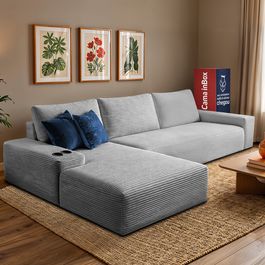 Sofá Modular Evo de 3 Lugares com Chaise Esquerda Velourê Cinza Claro