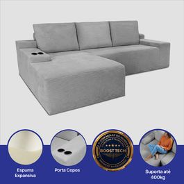 Sofá Modular Evo de 3 Lugares com Chaise Esquerda Velourê Cinza Claro