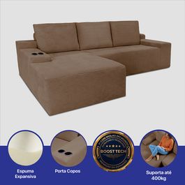 Sofá Modular Evo de 3 Lugares com Chaise Esquerda Velourê Marrom